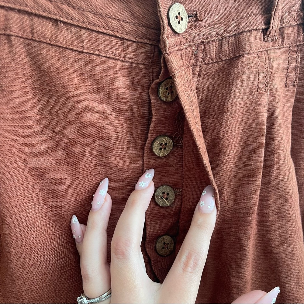 !SOLD! FREE PEOPLE Brown Orange Linen Blend High Rise Button Fly Pleated Shorts - Picture 3 of 6